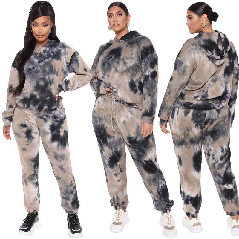 Dark Tie-Dyed Loose Hooded Casual Set