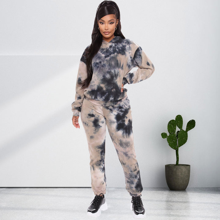 Dark Tie-Dyed Loose Hooded Casual Set